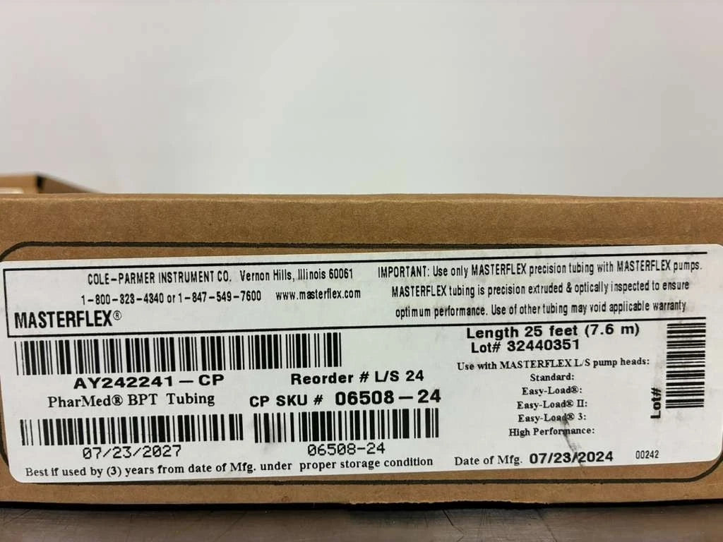 MASTERFLEX PharMed BPT Precision Pump Tubing L/S 24 25’ x 6.4mm ID 06508-24