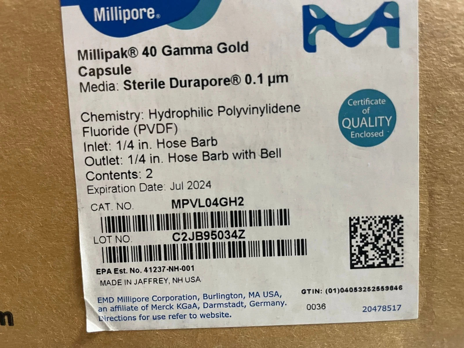 MILLIPORE Sterile Millipak 40 Gama 0.1 µm with 1/4 in. HB/HB w/bell MPVL04GH2