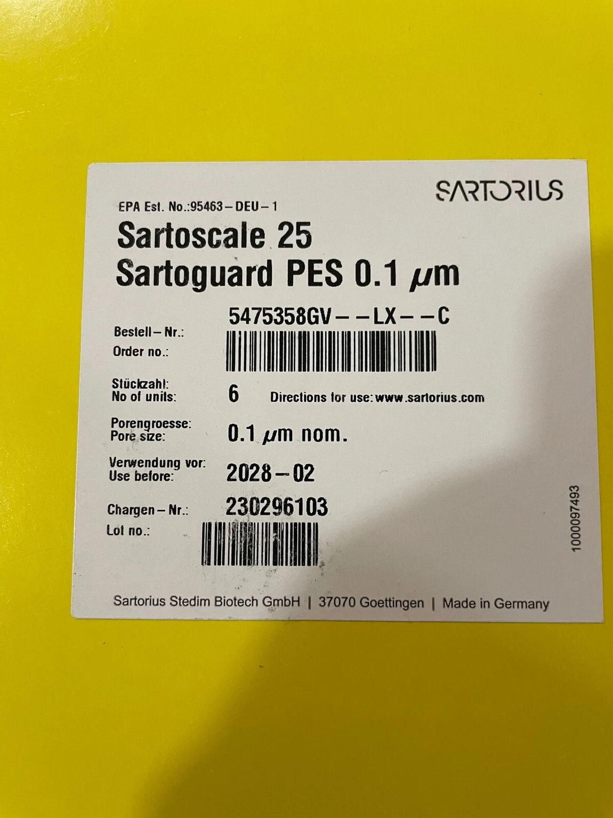 Santorius SartoScale 25 Sartoguard PES 0.1 um 5475358GV--LX--C exp. 2028