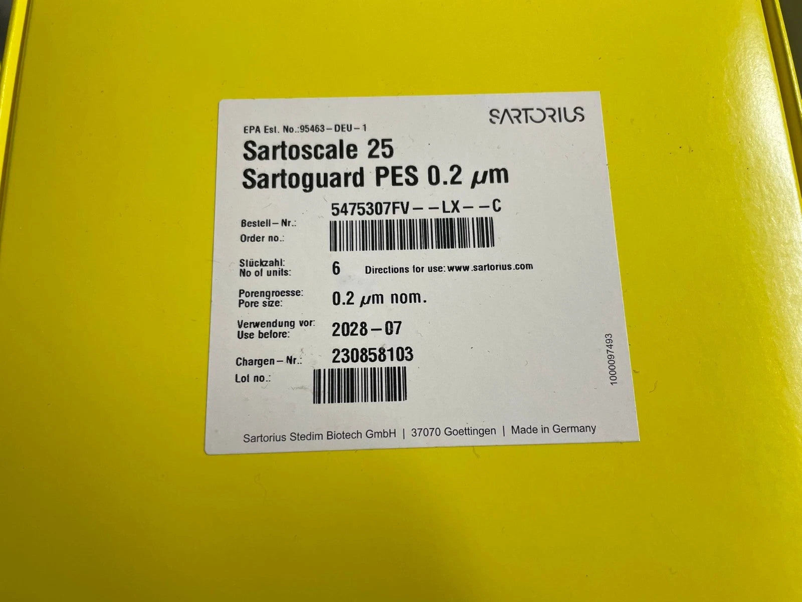 Santorius SartoScale 25 Sartoguard PES 0.2 um 5475307FV--LX--C exp. 2028