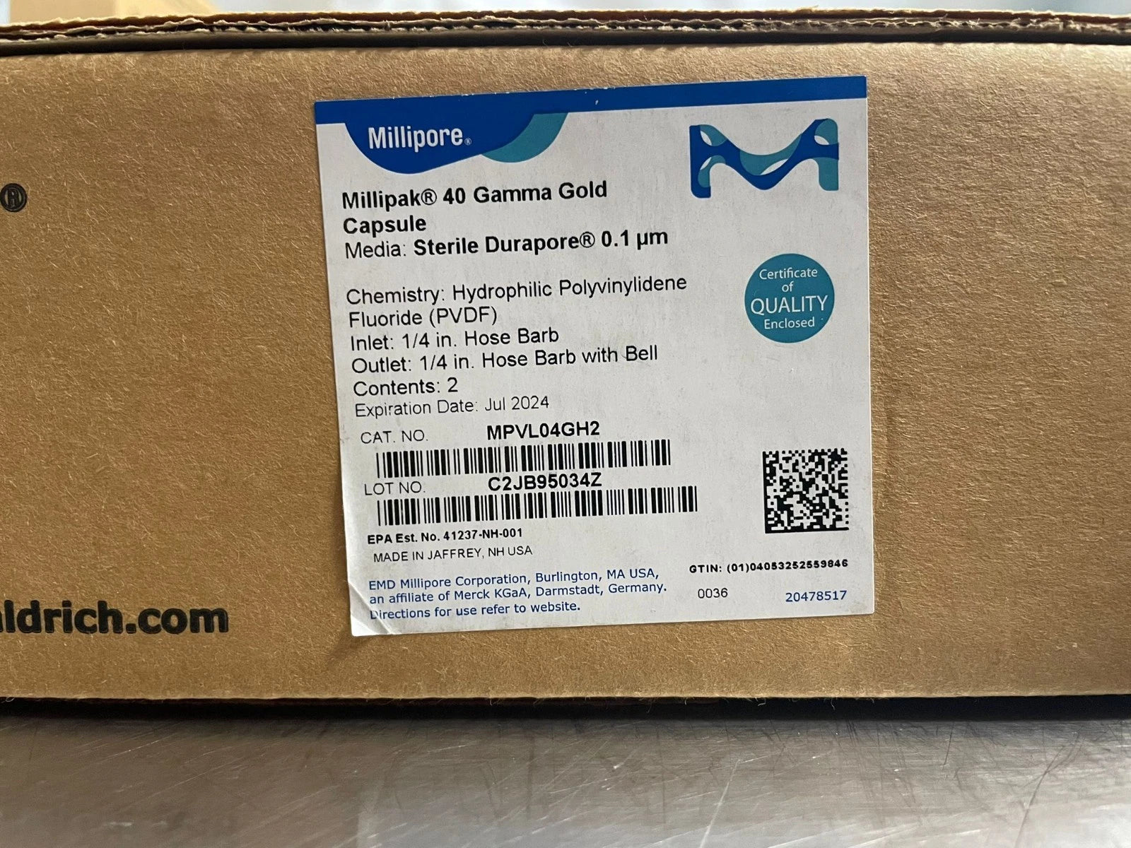 MILLIPORE Sterile Millipak 40 Gama 0.1 µm with 1/4 in. HB/HB w/bell MPVL04GH2