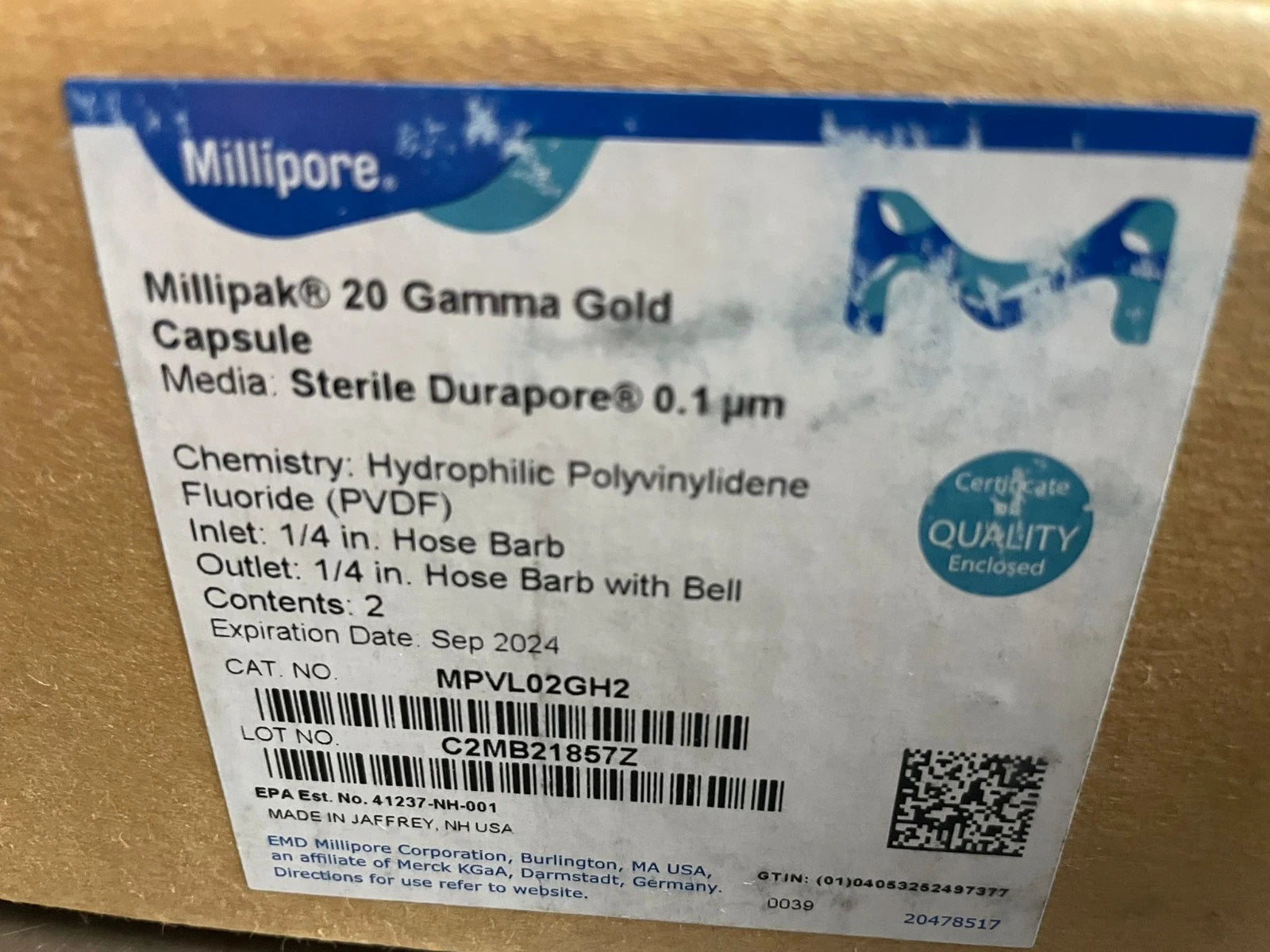 MILLIPORE Sterile Millipak 20 Gama 0.1 µm with 1/4 in. HB/HB w/bell MPVL02GH2