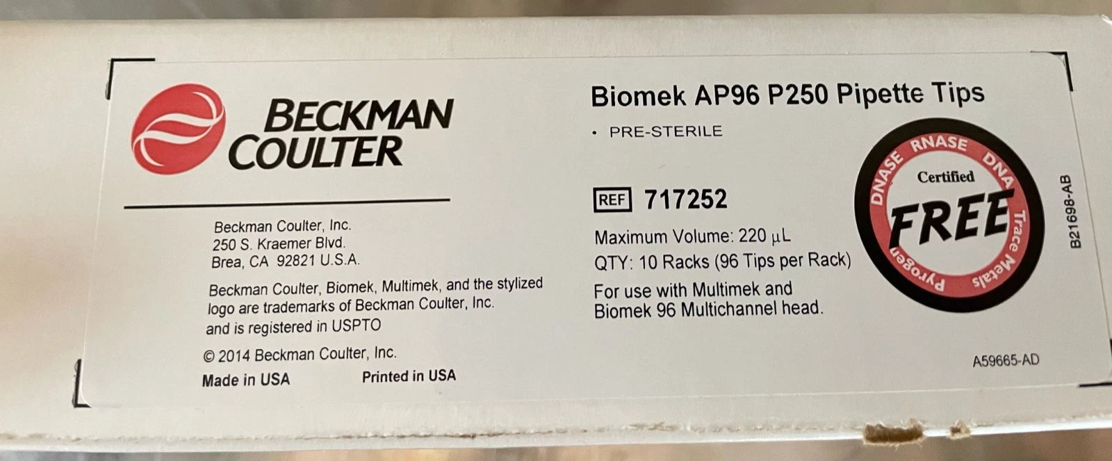 NEW Beckman Coulter REF 717252 Biomek P250 Pipette Tips Sterile 10 Racks 220ul