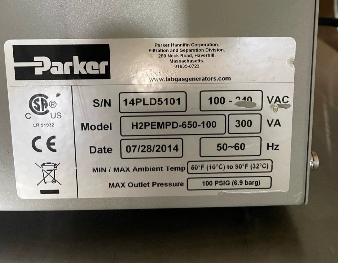 Parker Balston, H2PEMPD-650-100, Hydrogen Generator, 100-240 VAC, 50-60 HZ + War