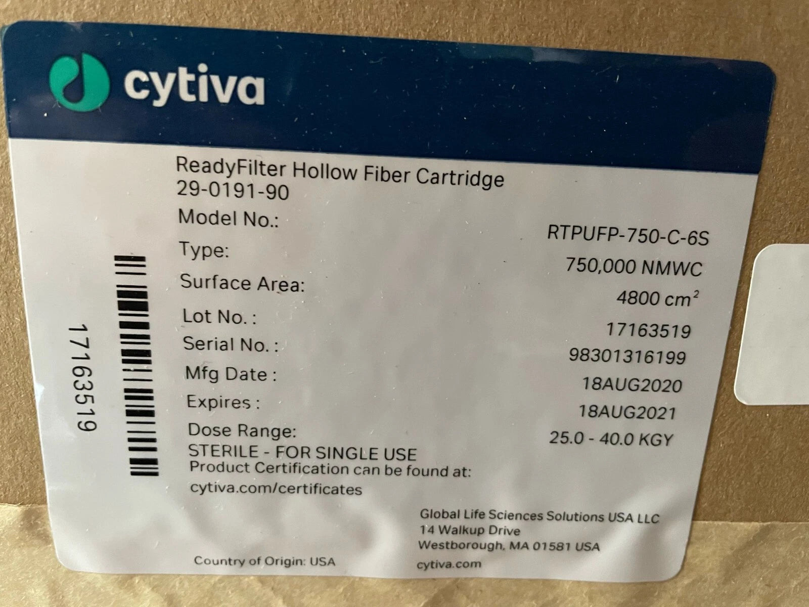 Cytiva RTPUFP-750-C-6S ReadyFilter Hollow Fiber Cartridge, 75 000 NMWC