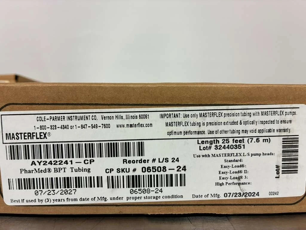 MASTERFLEX PharMed BPT Precision Pump Tubing L/S 24 25’ x 6.4mm ID 06508-24