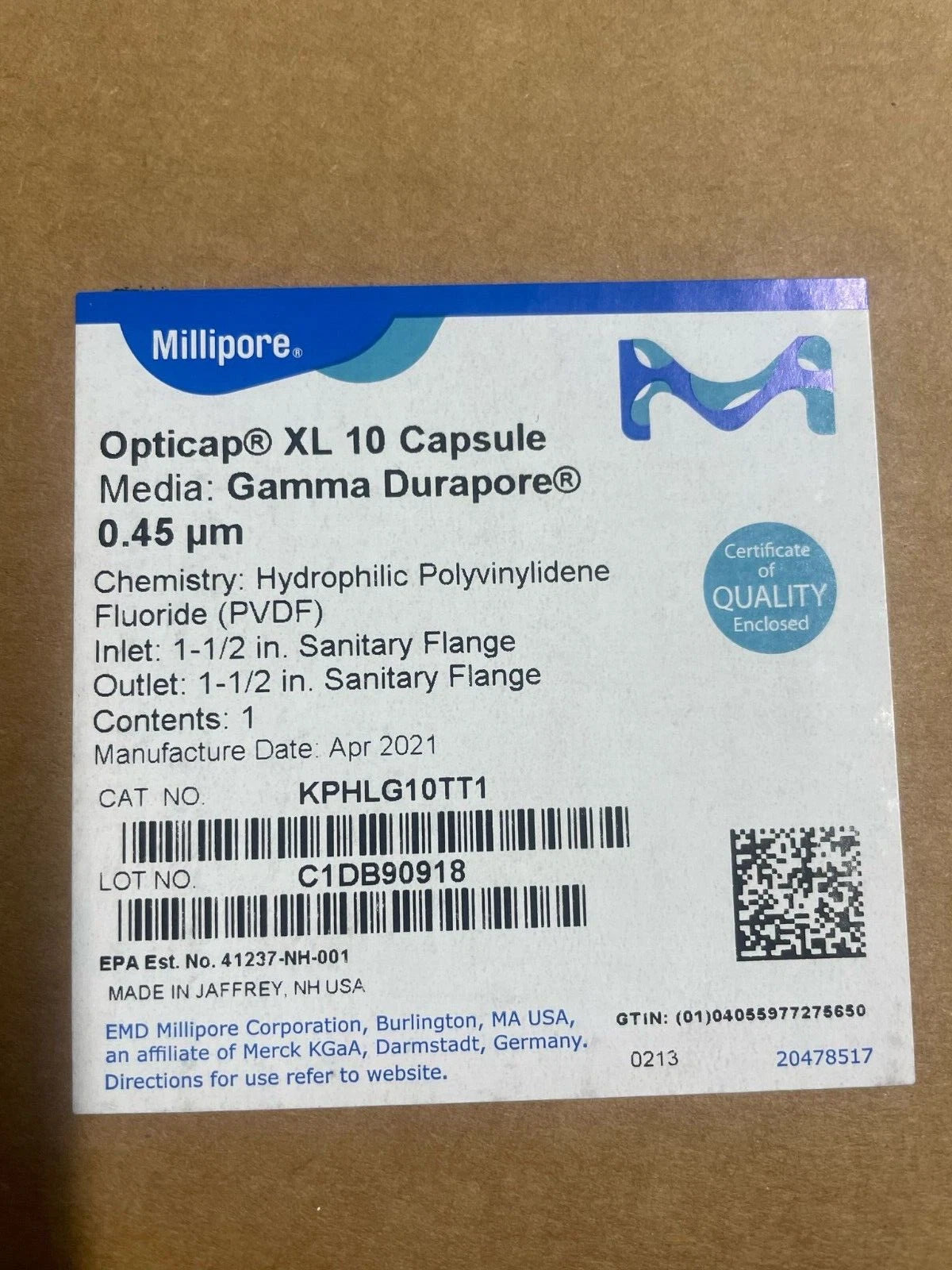 Millipore Opticap® XL10 Capsule Media Gamma Durapore 0.45 µm KPHLG10TT1