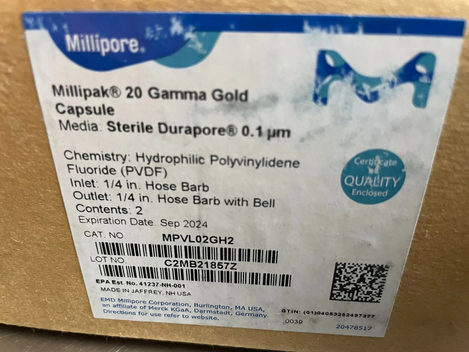 MILLIPORE Sterile Millipak 20 Gama 0.1 µm with 1/4 in. HB/HB w/bell MPVL02GH2
