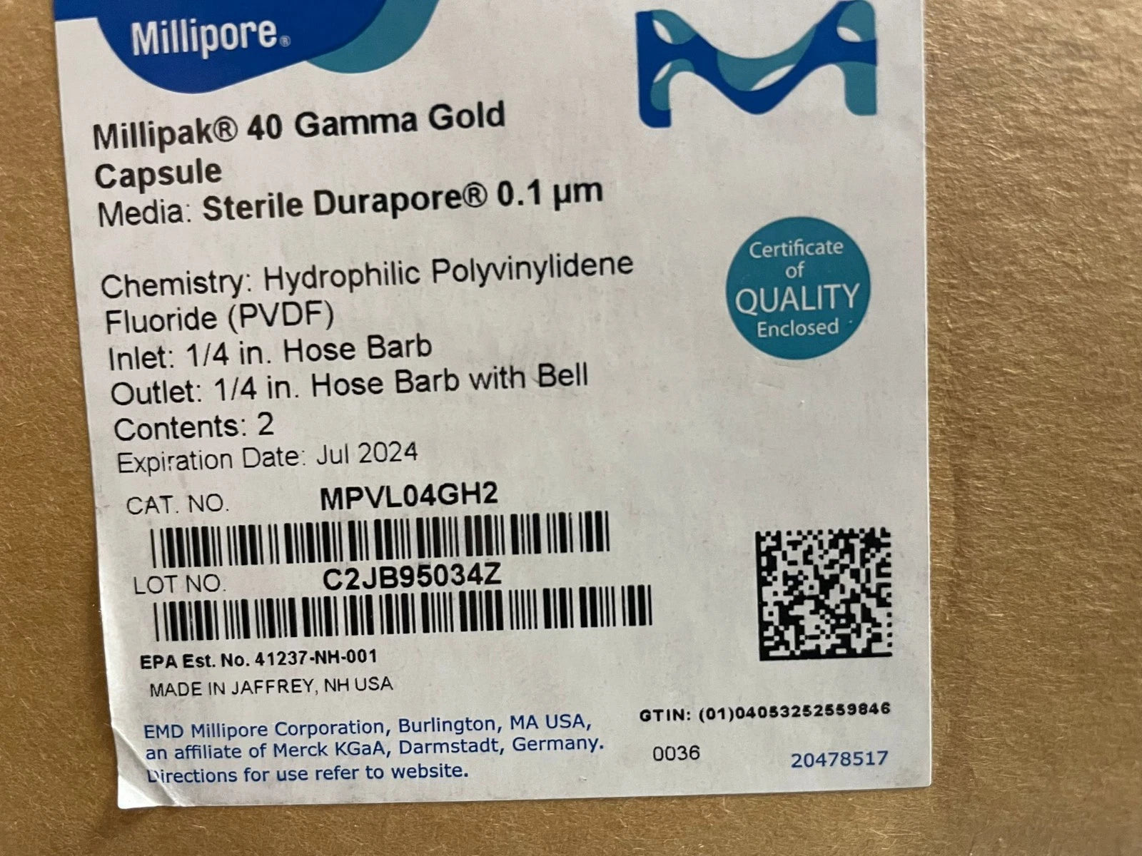 MILLIPORE Sterile Millipak 40 Gama 0.1 µm with 1/4 in. HB/HB w/bell MPVL04GH2