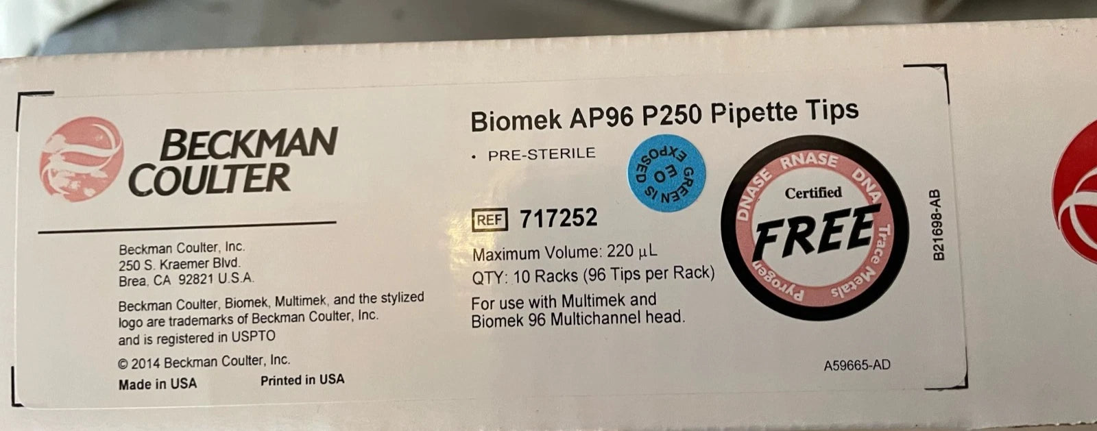 NEW Beckman Coulter REF 717252 Biomek P250 Pipette Tips Sterile 10 Racks 220ul