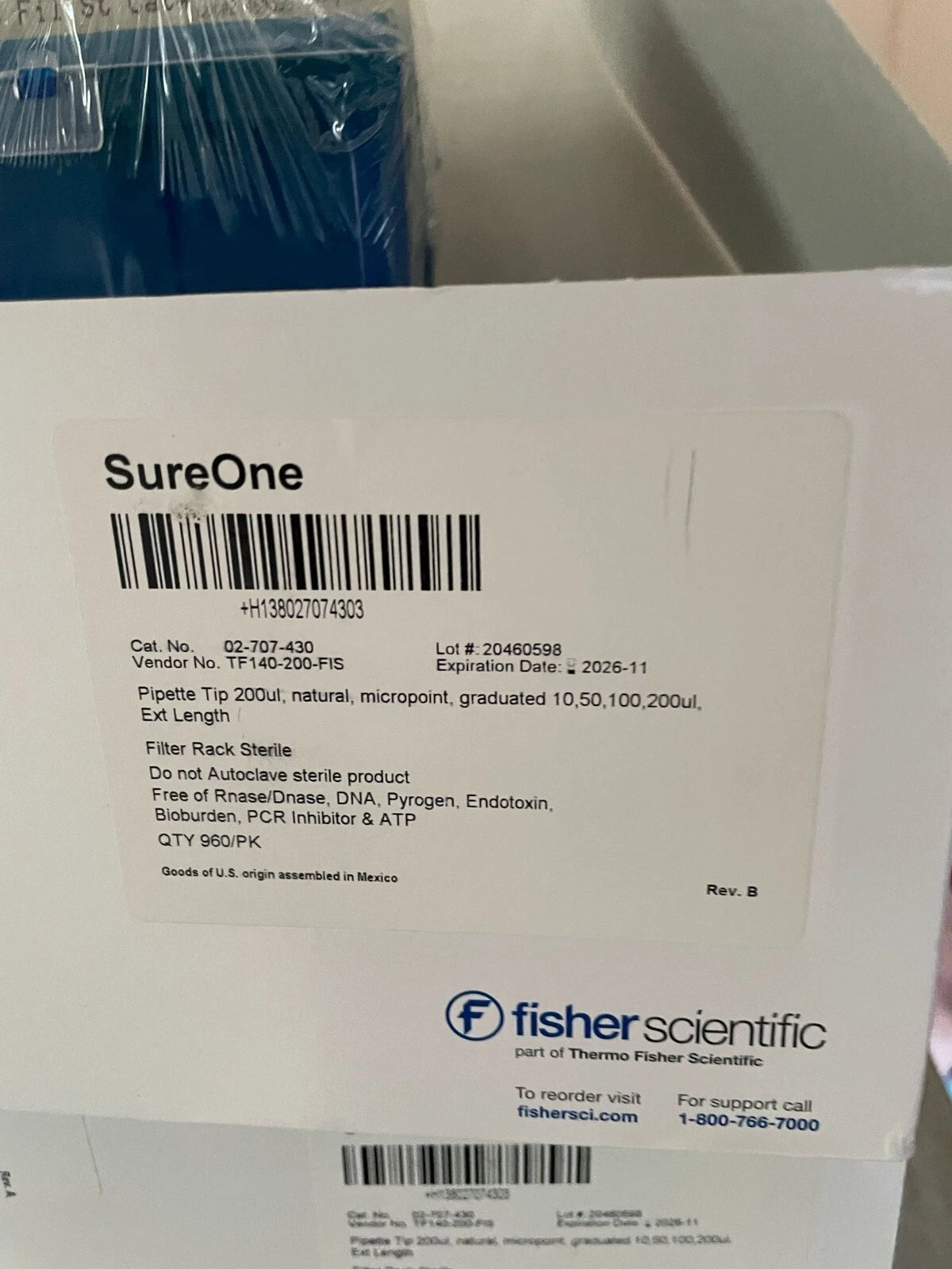 Fisherbrand™ SureOne™ Aerosol Barrier Pipette Tips 02707430 200ul (Lot of 3)