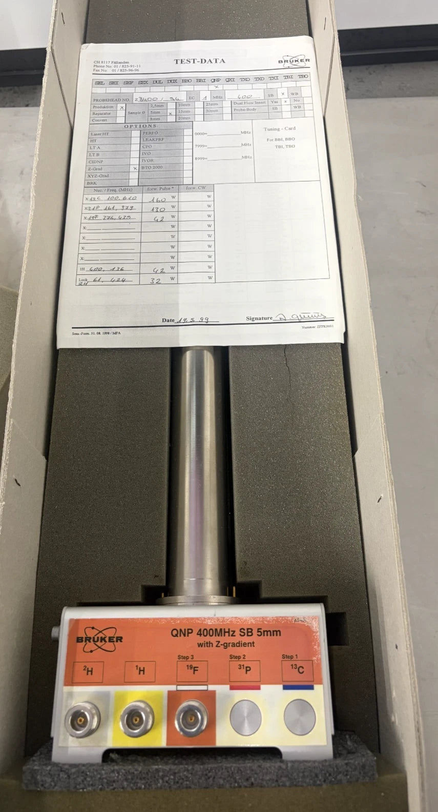Bruker 400 MHz 5mm QNP SB Z-Gradient NMR Probe w/ Test Results