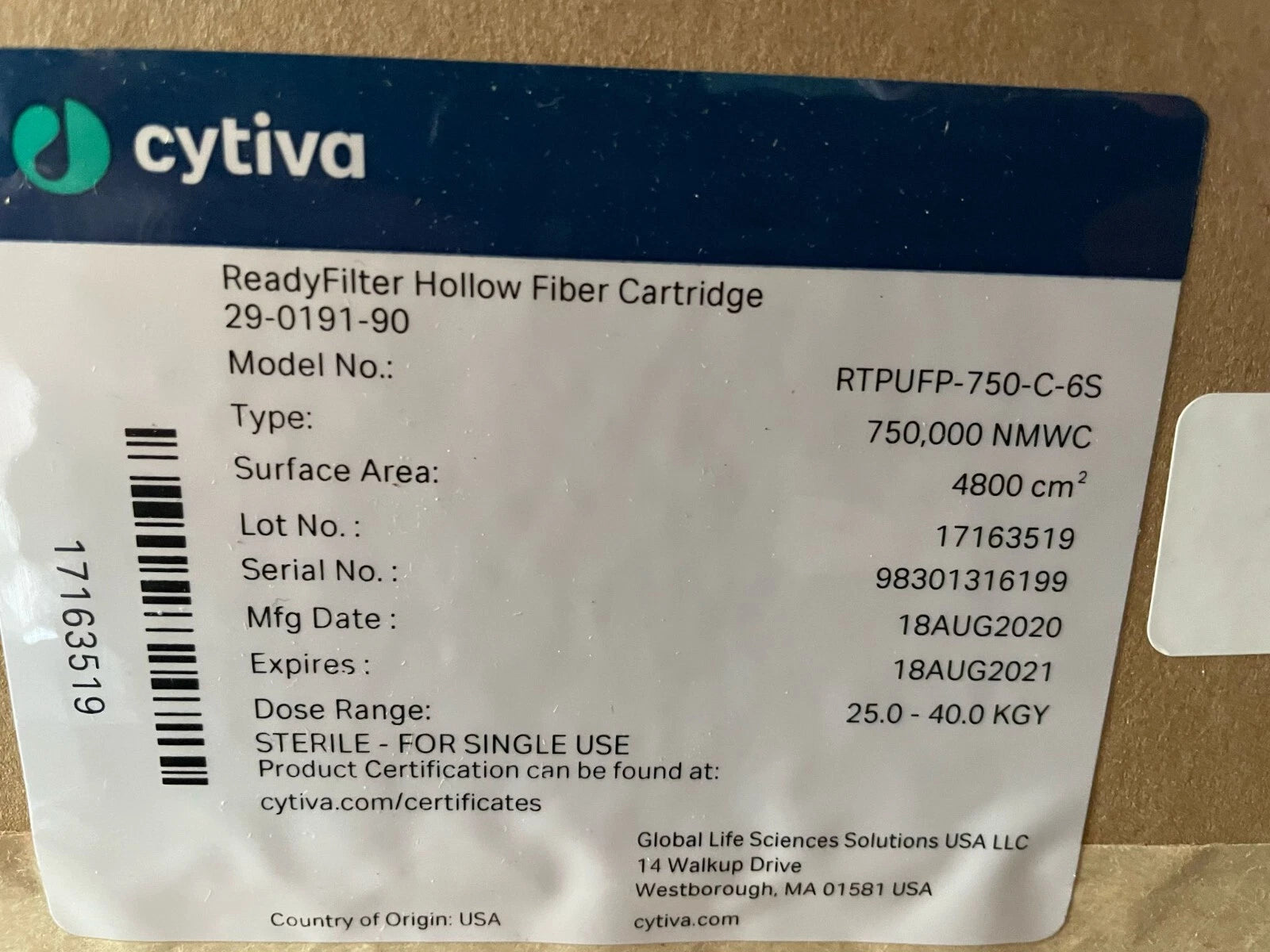 Cytiva RTPUFP-750-C-6S ReadyFilter Hollow Fiber Cartridge, 75 000 NMWC