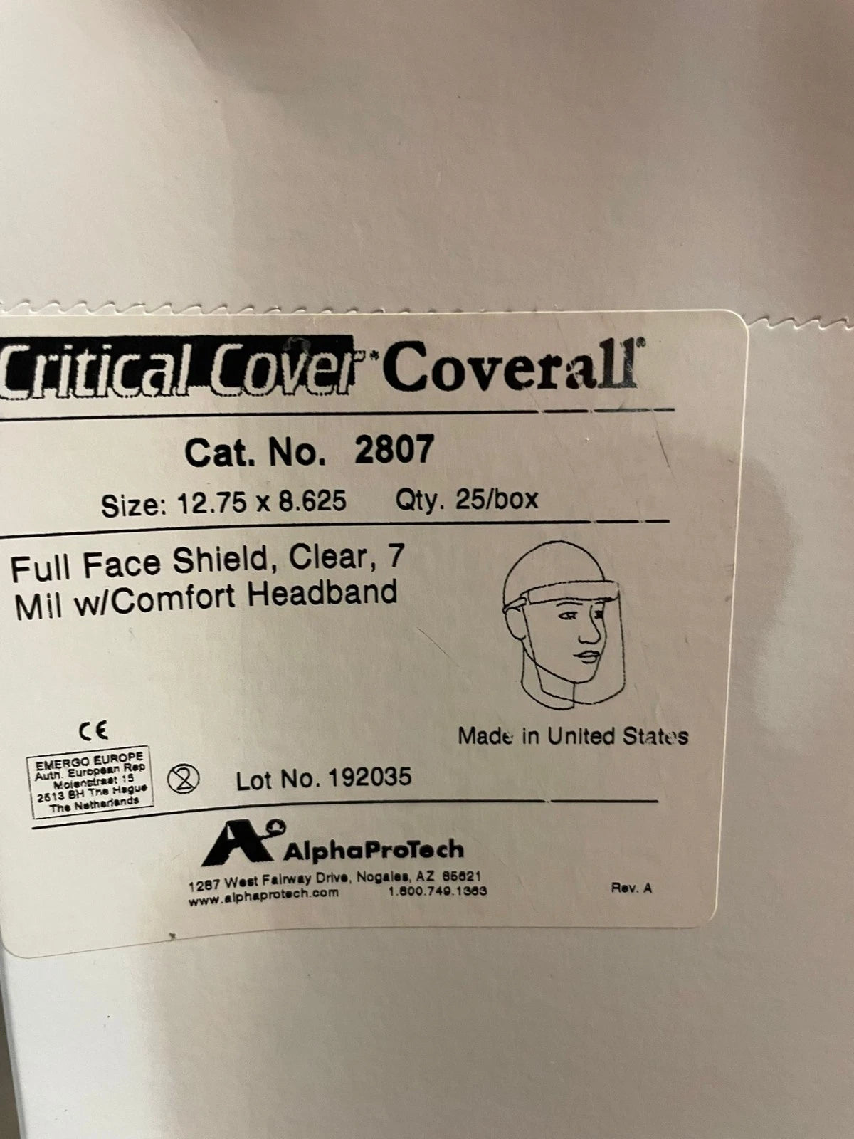 (2) Boxes of 25 Alpha Protech Critical Cover Coverall 2807 Full Face Shields
