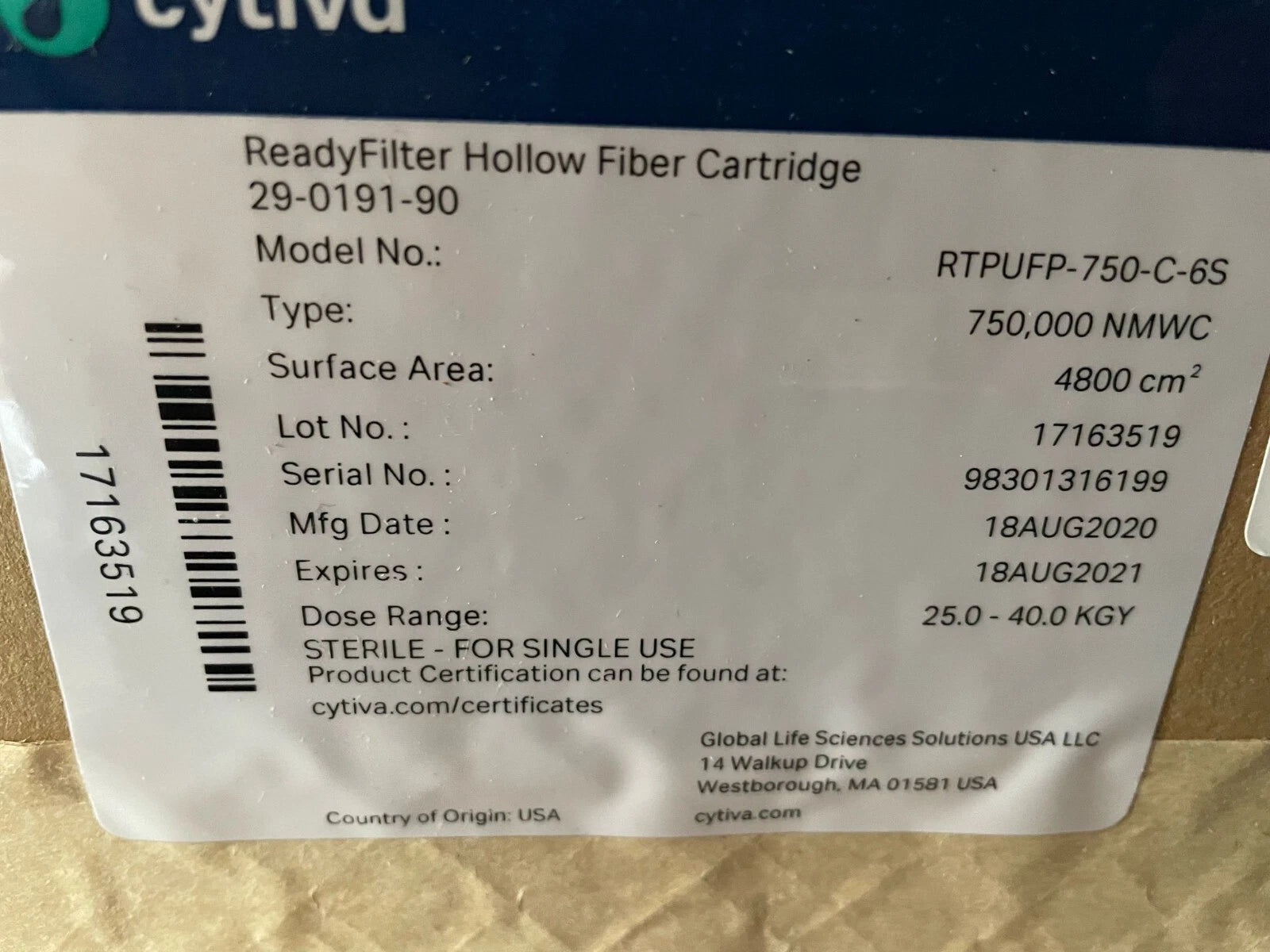 Cytiva RTPUFP-750-C-6S ReadyFilter Hollow Fiber Cartridge, 75 000 NMWC