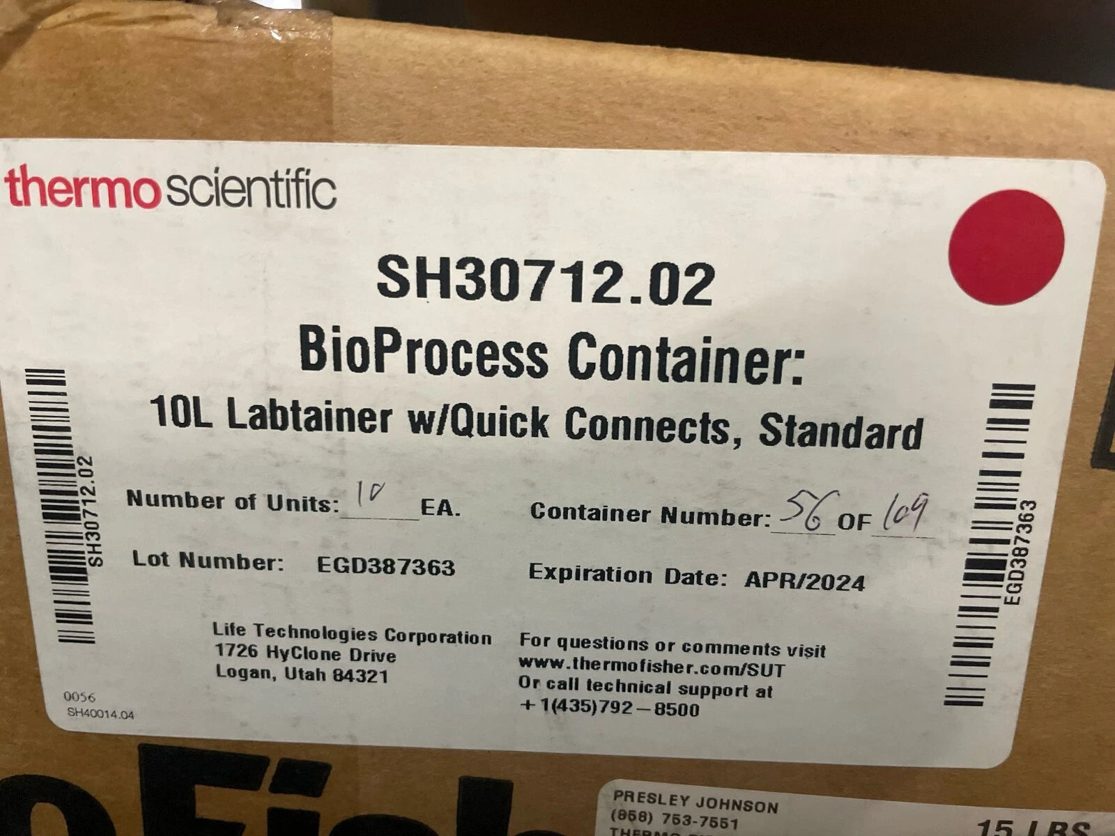 10PCS Thermo Scientific Labtainer 10L Bioprocess Containers SH30712.02 Bags Tube