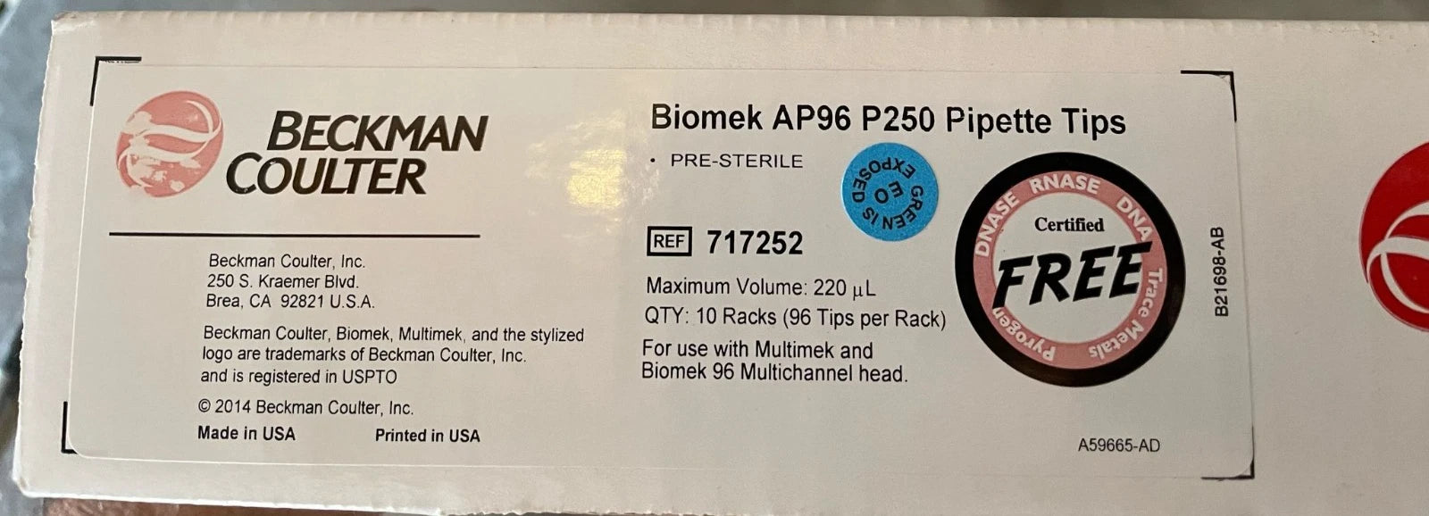 NEW Beckman Coulter REF 717252 Biomek P250 Pipette Tips Sterile 10 Racks 220ul
