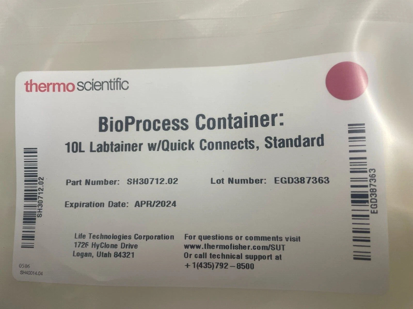 10PCS Thermo Scientific Labtainer 10L Bioprocess Containers SH30712.02 Bags Tube